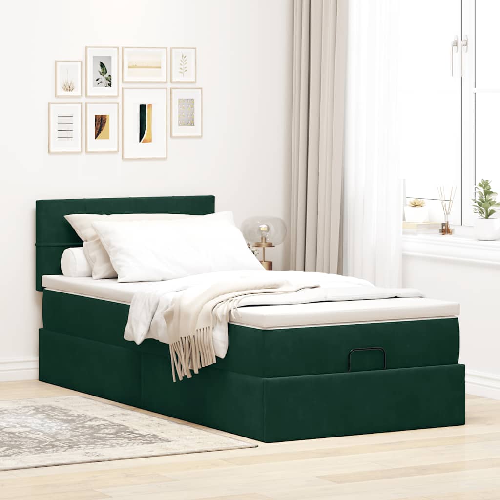 Οθωμανικό κρεβάτι με στρώμα & LEDs Dark Green 100x200cm Velvet