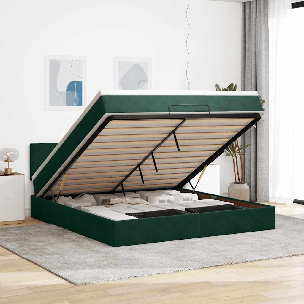 Οθωμανικό κρεβάτι με στρώμα & LEDs Dark Green 160x200cm Velvet - Pakobazaar