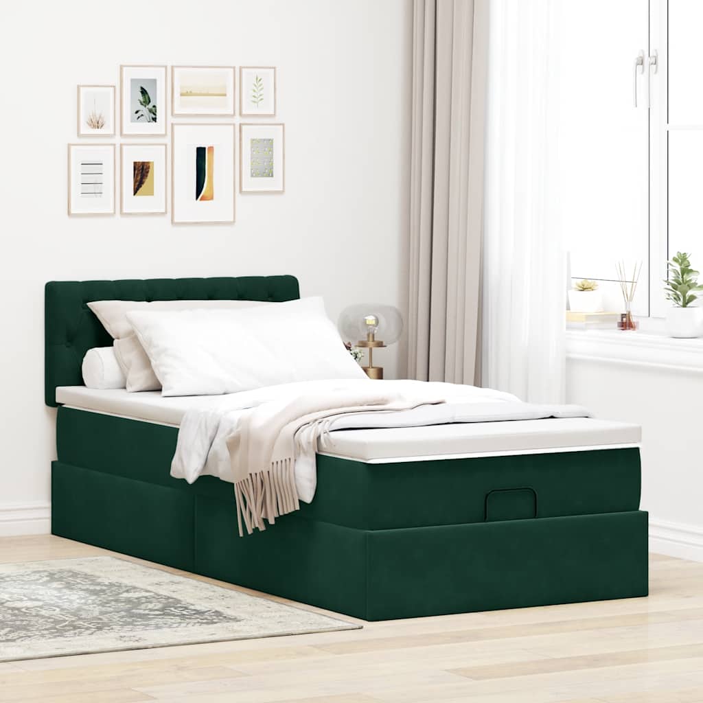 Οθωμανικό κρεβάτι με στρώμα & LEDs Dark Green 90x190cm Velvet - Pakobazaar