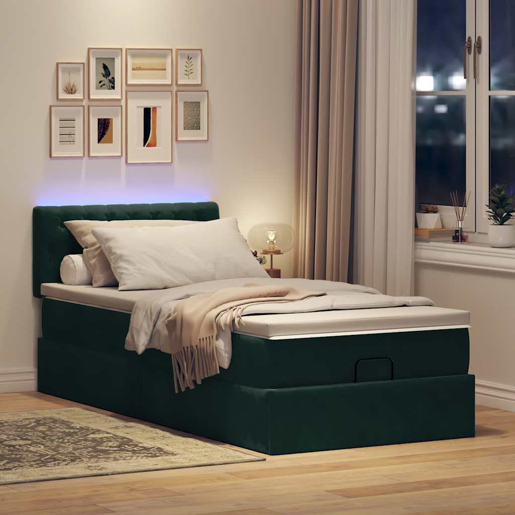 Οθωμανικό κρεβάτι με στρώμα & LEDs Dark Green 90x200cm Velvet