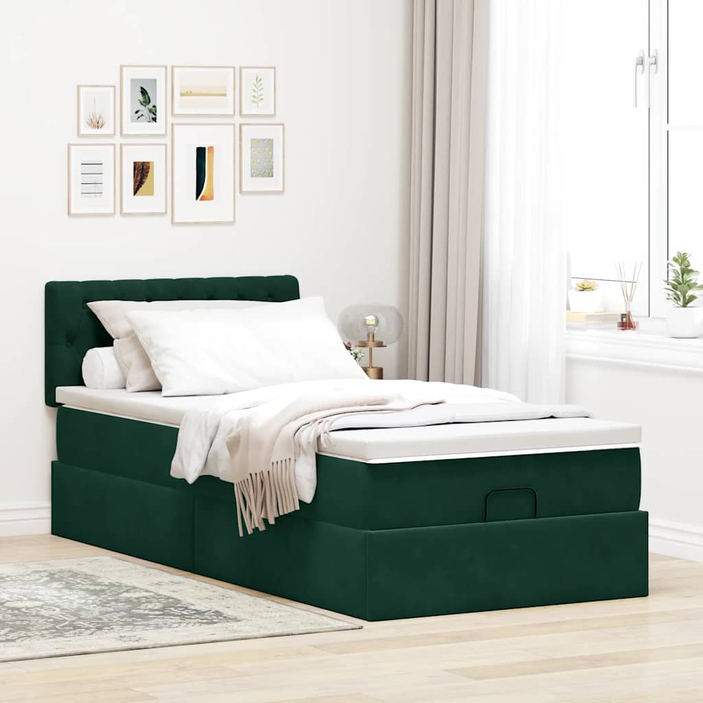 Οθωμανικό κρεβάτι με στρώμα & LEDs Dark Green 100x200cm Velvet - Pakobazaar