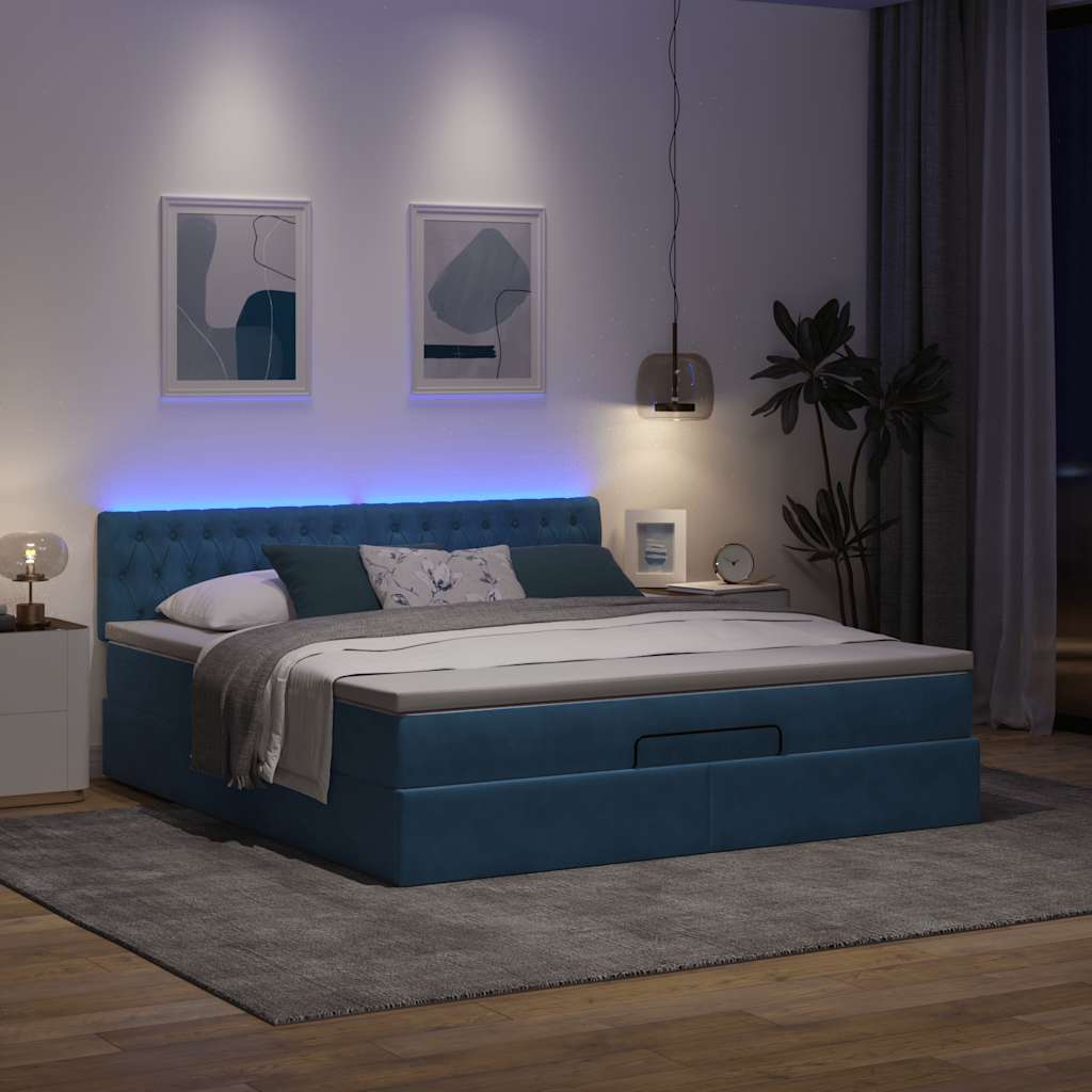 Οθωμανικό κρεβάτι με στρώμα&LEDs Σκούρο μπλε 160x200cm Βελούδο - Pakobazaar