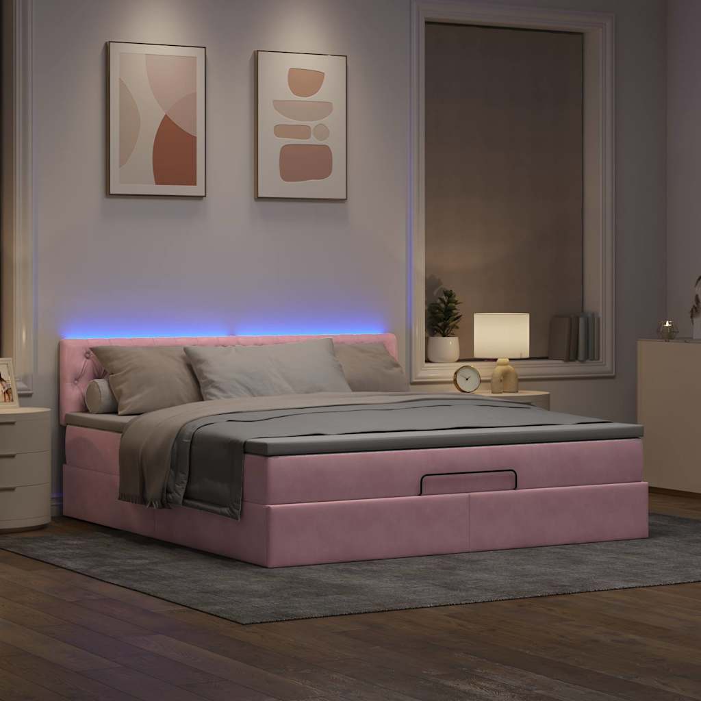 Οθωμανικό κρεβάτι με στρώμα & LEDs Ροζ 180x200cm Velvet - Pakobazaar