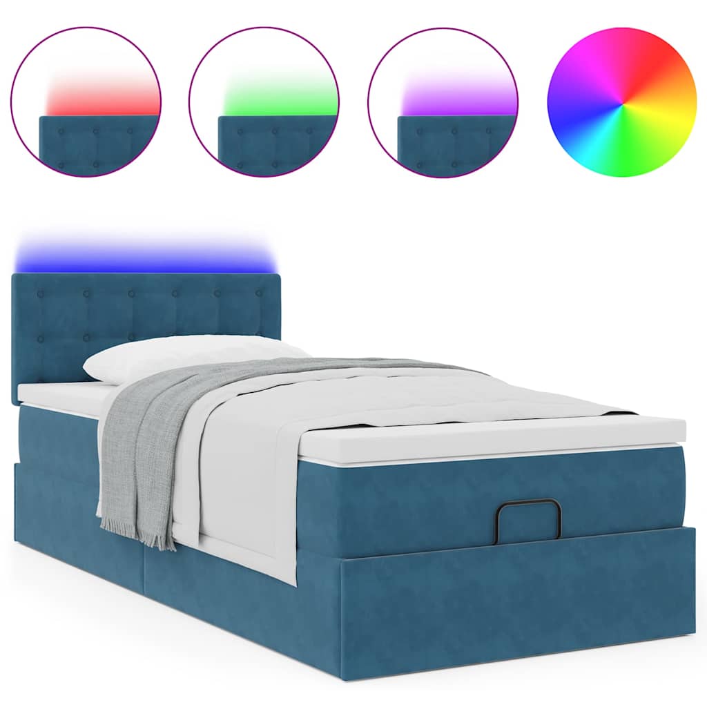 Οθωμανικό κρεβάτι με στρώμα & LEDs Σκούρο μπλε 90x200cm Velvet