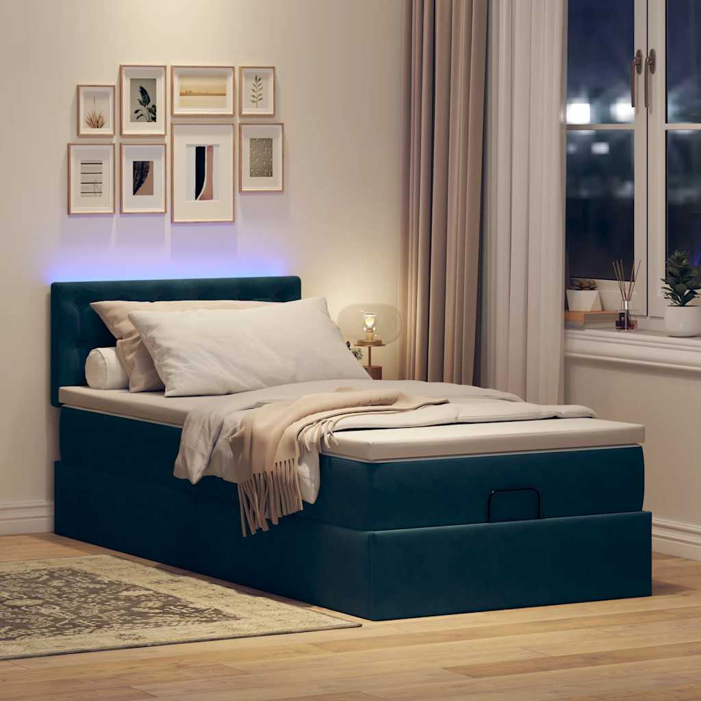 Οθωμανικό κρεβάτι με στρώμα&LEDs Σκούρο μπλε 100x200cm Βελούδο