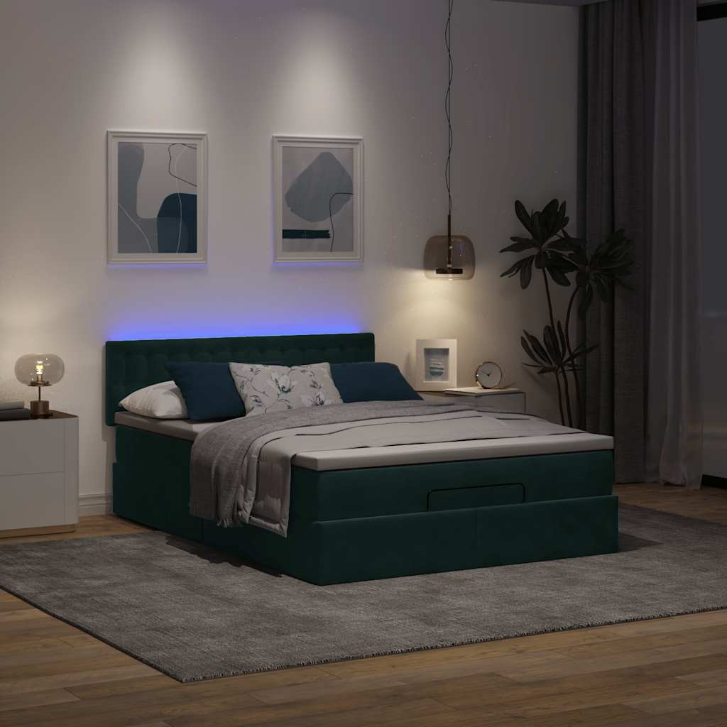 Κρεβάτι-Μονό κρεβάτι με στρώμα και LED Σκούρο πράσινο 140x190 εκ. Βελούδο - Pakobazaar