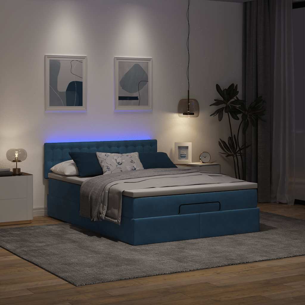 Οθωμανικό κρεβάτι με στρώμα & LEDs Σκούρο μπλε 140x190cm Velvet - Pakobazaar