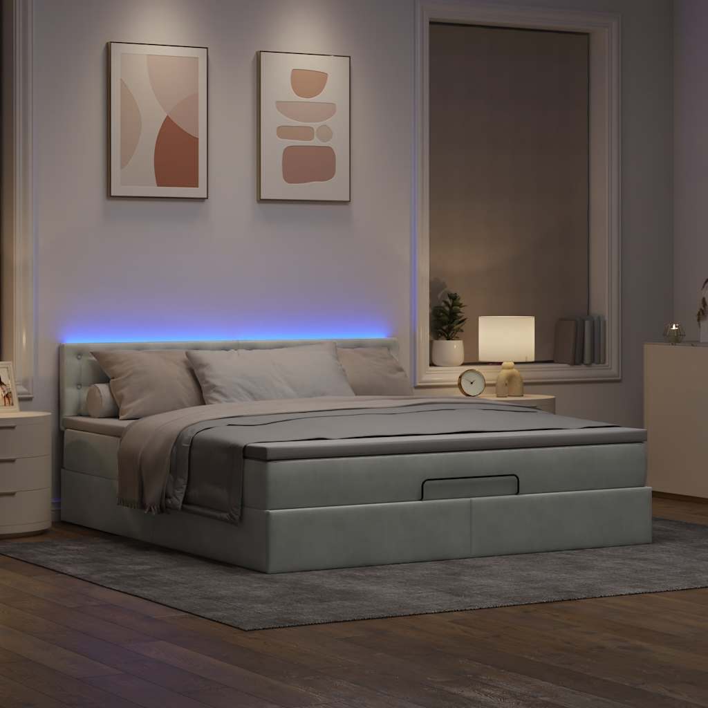 Οθωμανικό κρεβάτι με στρώμα&LEDs Ανοιχτό γκρι 160x200cm Βελούδο - Pakobazaar