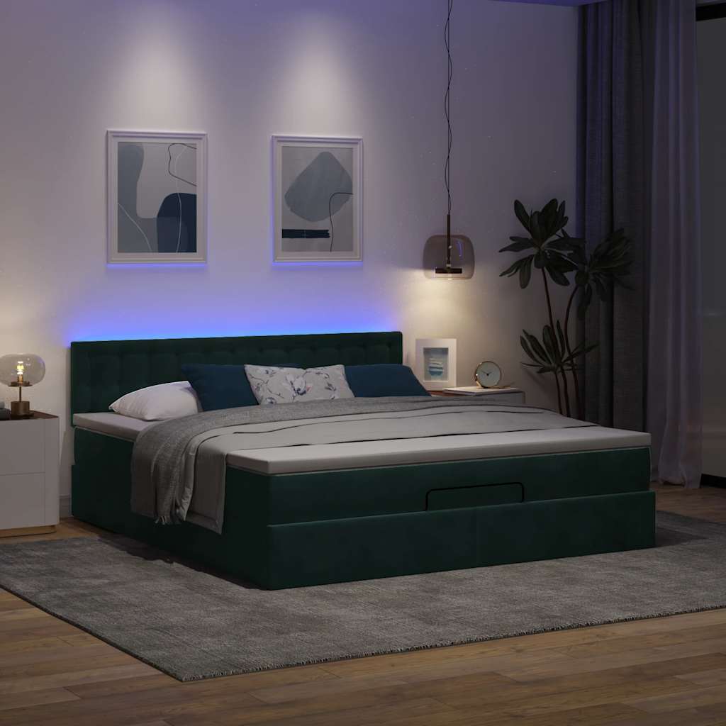 Οθωμανικό κρεβάτι με στρώμα & LEDs Dark Green 160x200cm Velvet - Pakobazaar
