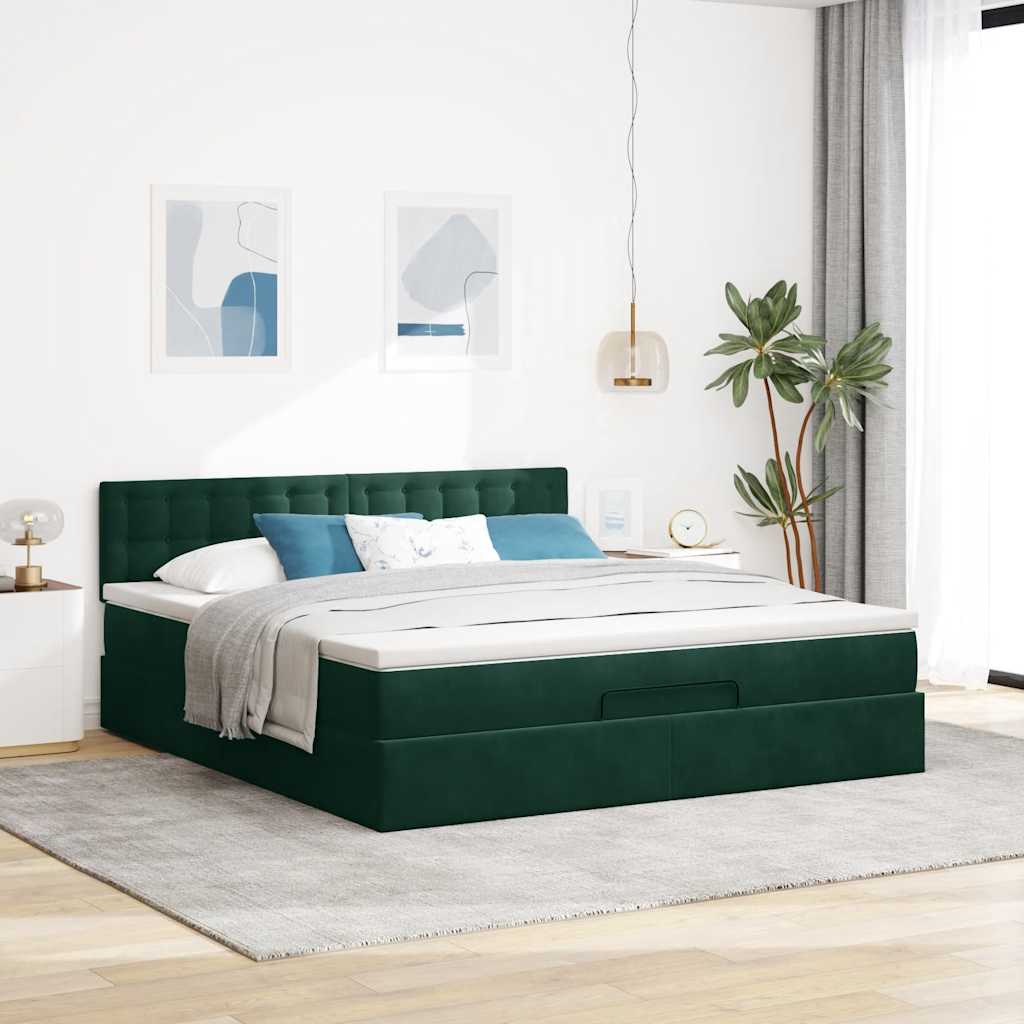 Οθωμανικό κρεβάτι με στρώμα & LEDs Dark Green 160x200cm Velvet - Pakobazaar