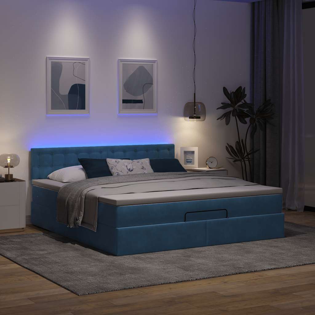 Οθωμανικό κρεβάτι με στρώμα&LEDs Σκούρο μπλε 160x200cm Βελούδο - Pakobazaar