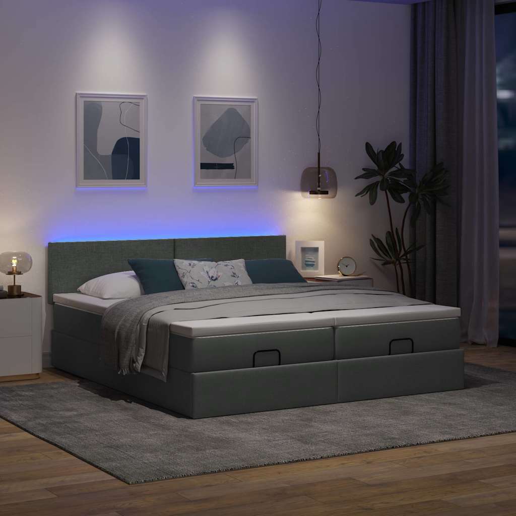 Οθωμανικό κρεβάτι με στρώματα&LEDs Σκούρο γκρι 200x200cm ύφασμα