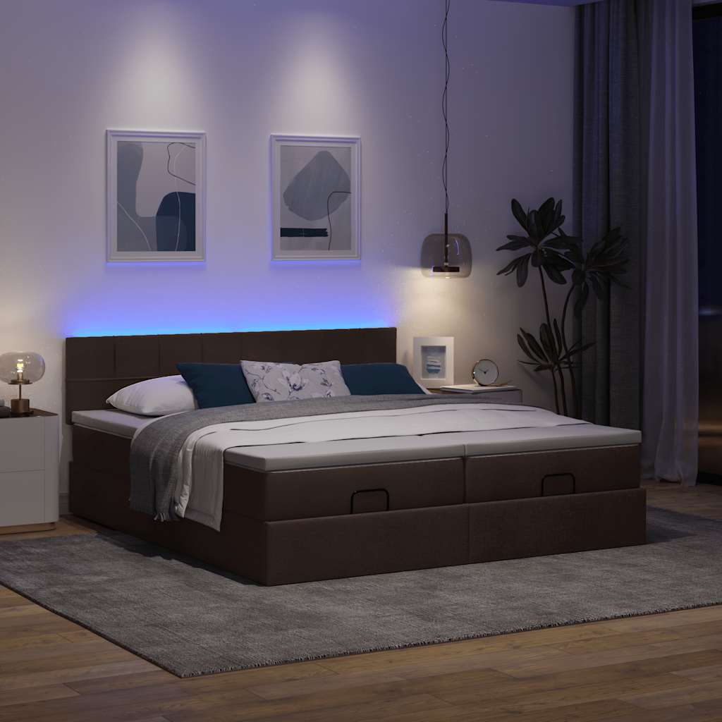 Οθωμανικό κρεβάτι με στρώματα&LEDs Σκούρο καφέ 180x200cm ύφασμα
