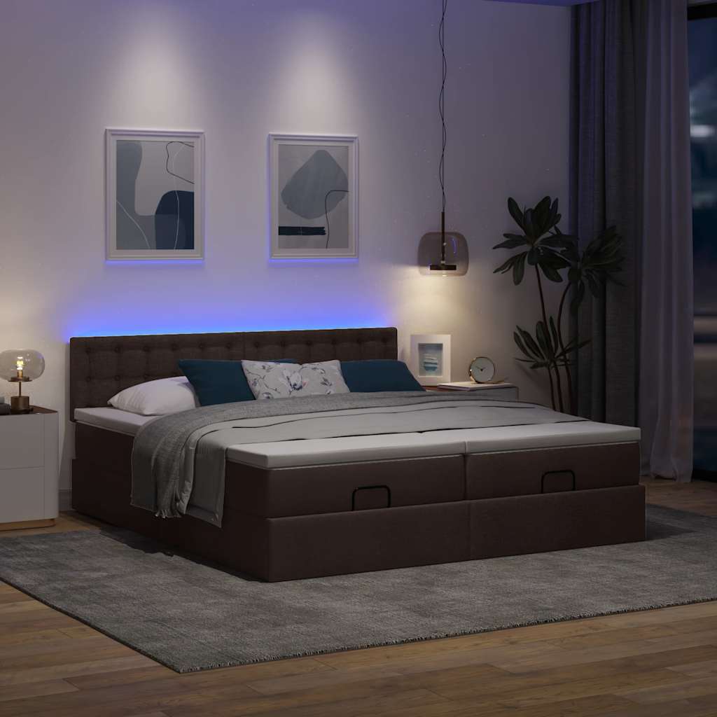 Οθωμανικό κρεβάτι με στρώματα&LEDs Σκούρο καφέ 180x200cm ύφασμα
