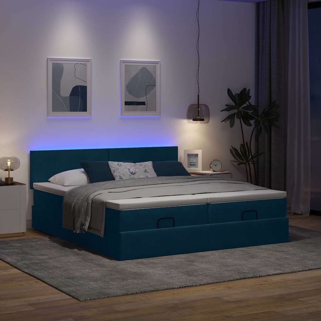 Οθωμανικό κρεβάτι με στρώματα & LEDs Σκούρο μπλε Βελούδο