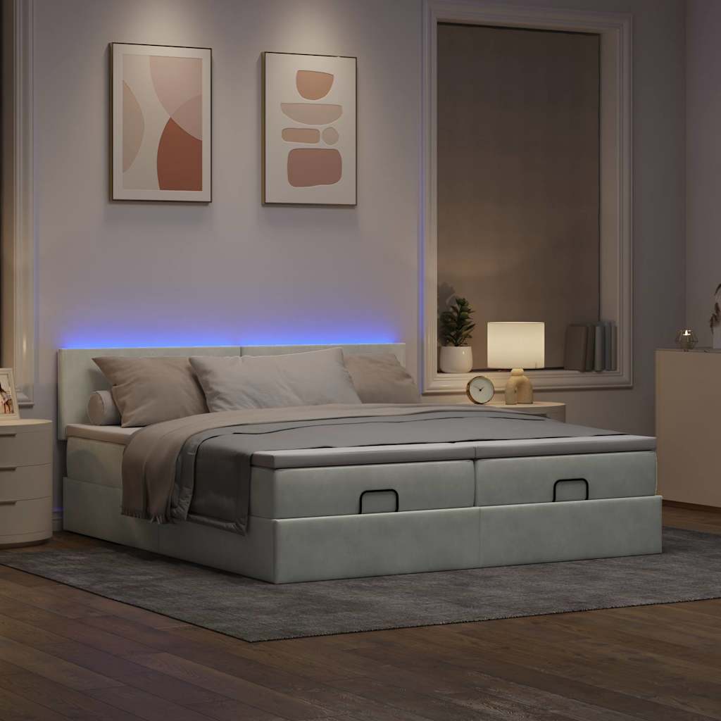 Οθωμανικό κρεβάτι με στρώματα & LEDs Ανοιχτό γκρι Βελούδο - Pakobazaar