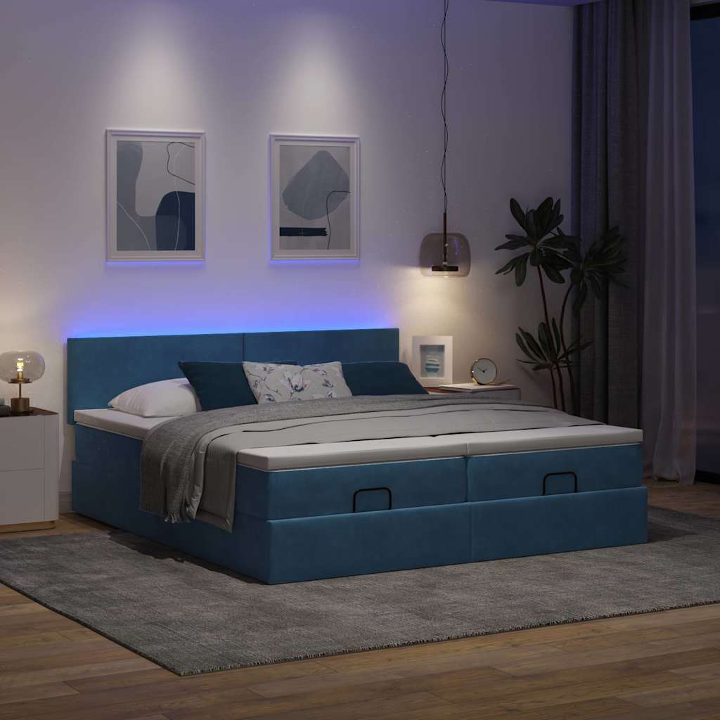Οθωμανικό κρεβάτι με στρώματα & LEDs Σκούρο μπλε Βελούδο - Pakobazaar