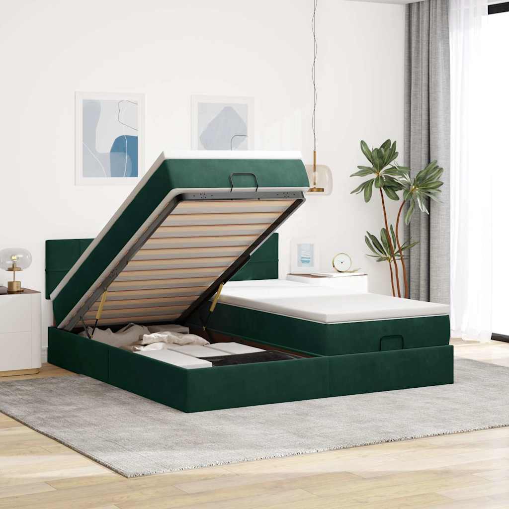 Οθωμανικό κρεβάτι με στρώματα&LEDs Dark Green 180x200cm Velvet - Pakobazaar
