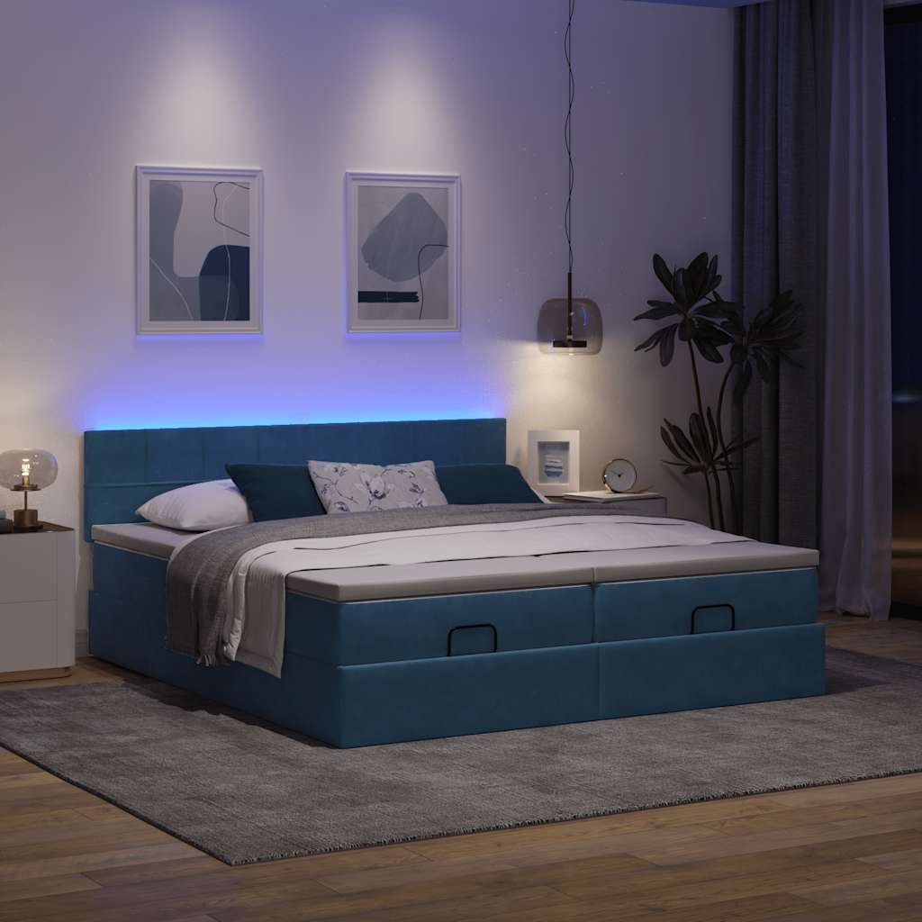 Οθωμανικό κρεβάτι με στρώματα & LEDs Σκούρο μπλε Βελούδο - Pakobazaar