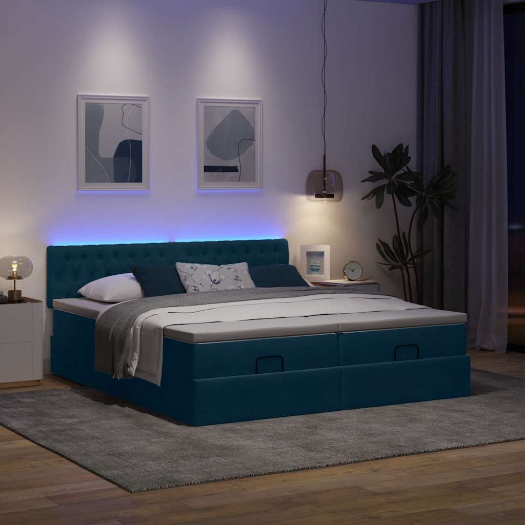 Οθωμανικό κρεβάτι με στρώματα & LEDs Σκούρο μπλε Βελούδο - Pakobazaar