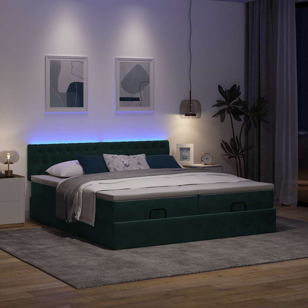 Οθωμανικό κρεβάτι με στρώματα & LEDs Σκούρο πράσινο Βελούδο