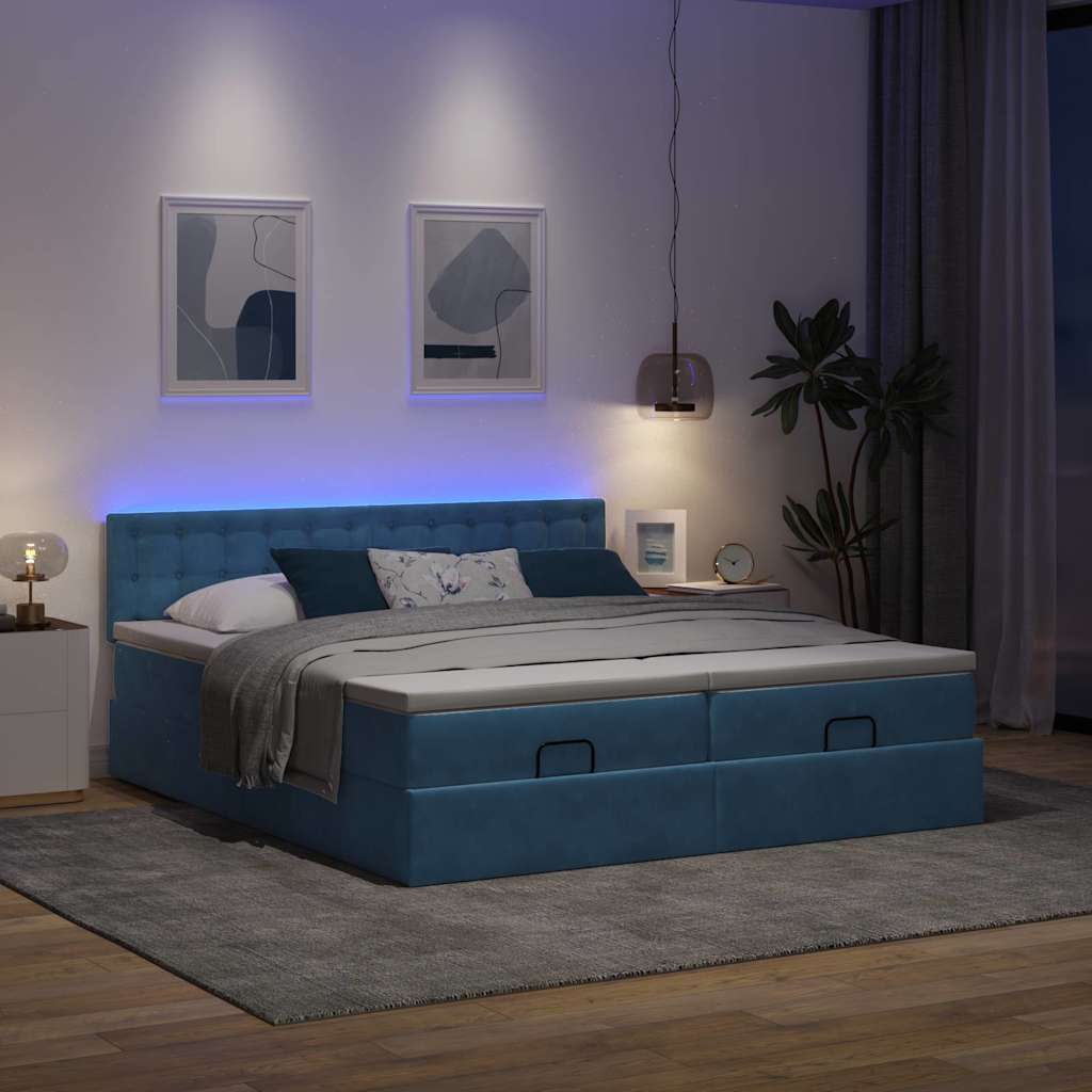Οθωμανικό κρεβάτι με στρώματα & LEDs Σκούρο μπλε Βελούδο