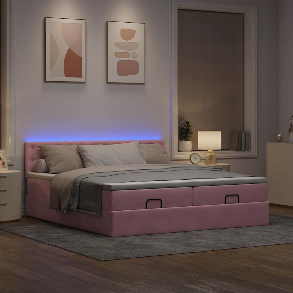 Οθωμανικό κρεβάτι με στρώματα & LEDs Ροζ 160x200cm Velvet - Pakobazaar