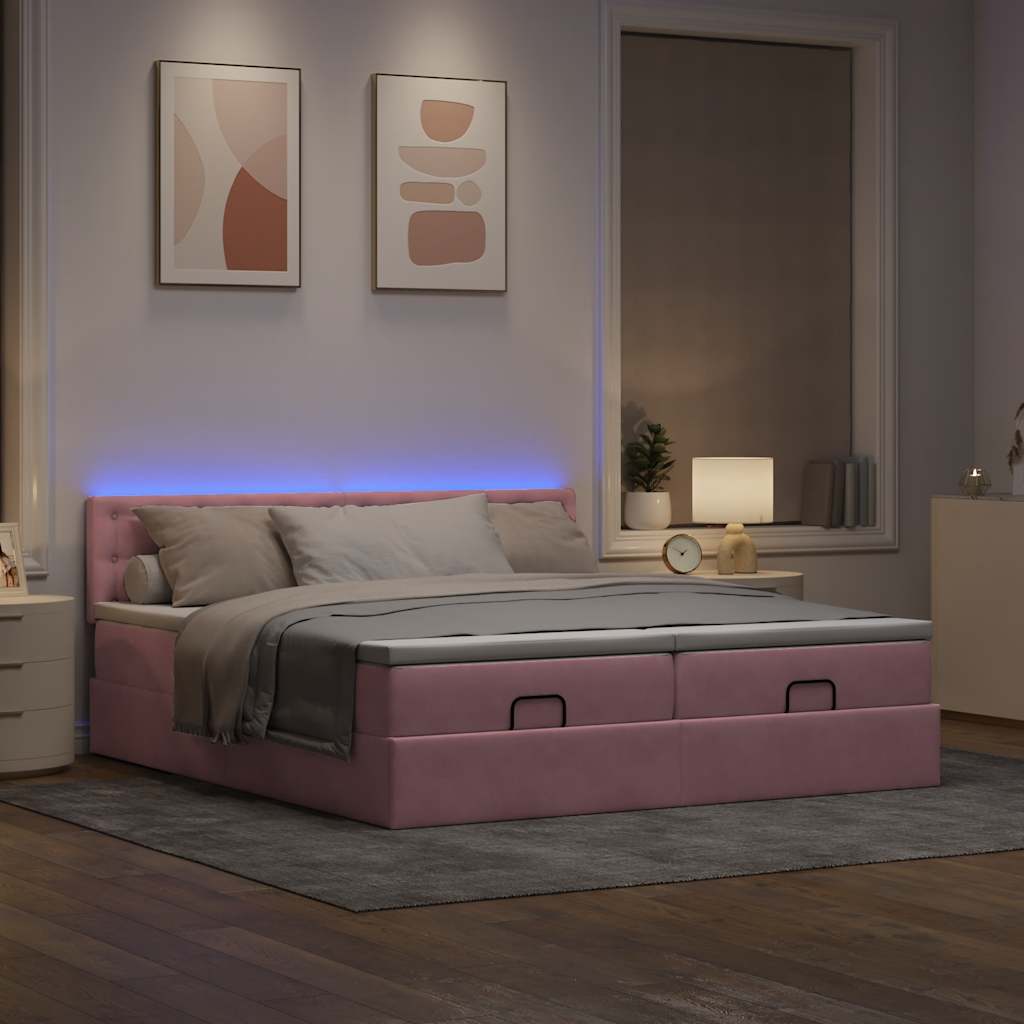 Οθωμανικό κρεβάτι με στρώματα & LEDs Ροζ 180x200cm Velvet - Pakobazaar