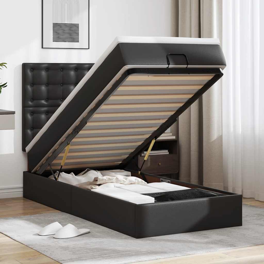 Οθωμανικό κρεβάτι με στρώμα & LEDs Μαύρο Συνθετικό δέρμα