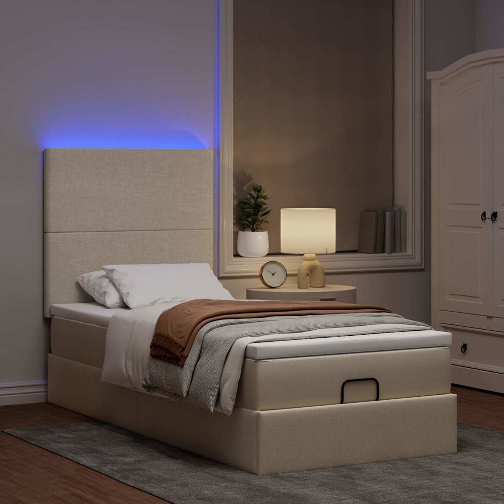 Οθωμανικό κρεβάτι με στρώμα & LEDs Cream 90x200 cm Ύφασμα