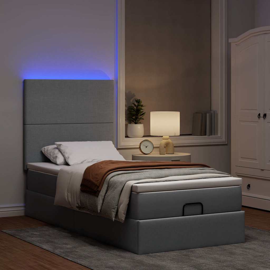 Οθωμανικό κρεβάτι με στρώμα & LEDs Ανοιχτό γκρι Ύφασμα