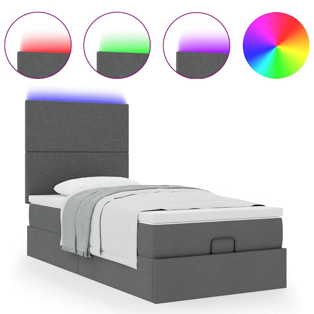 Οθωμανικό κρεβάτι με στρώμα & LEDs Σκούρο γκρι ύφασμα 100x200cm