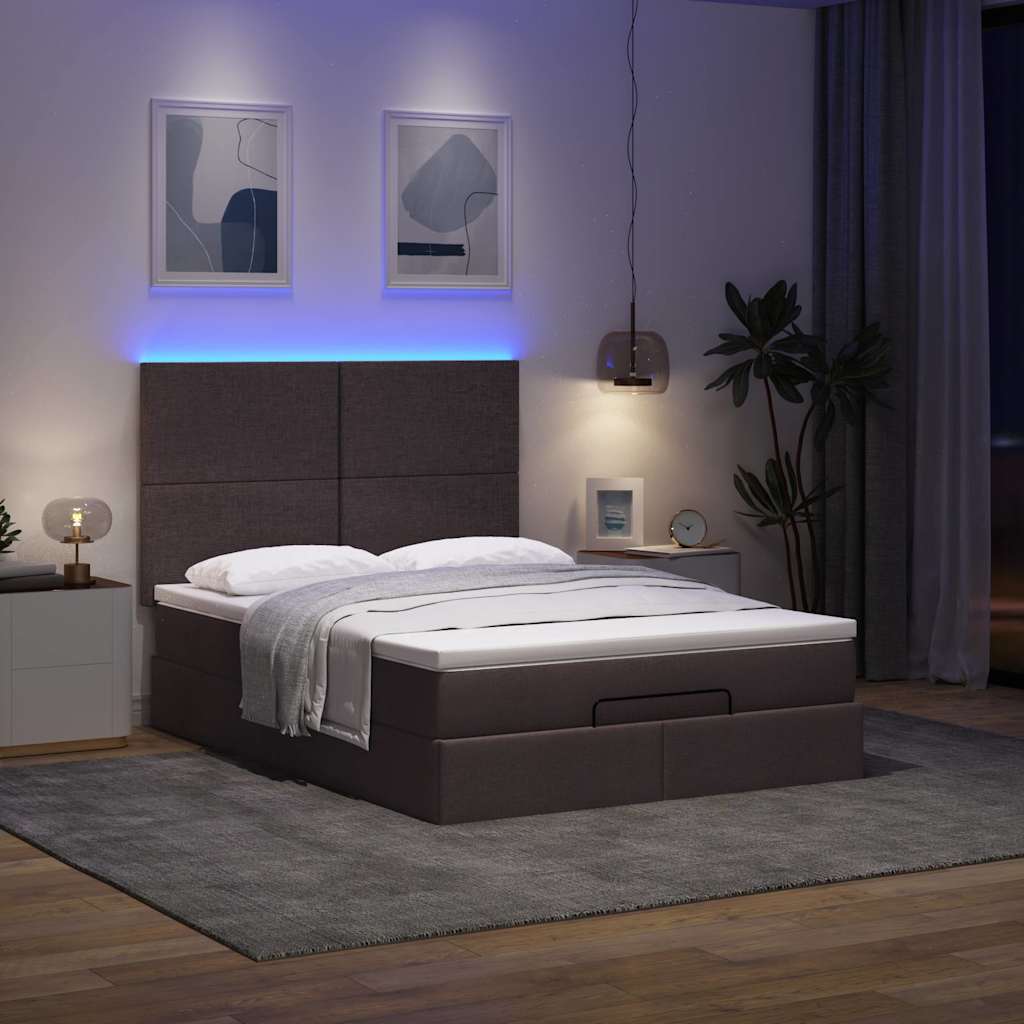 Οθωμανικό κρεβάτι με στρώμα & LEDs Σκούρο καφέ 140x190cm Ύφασμα