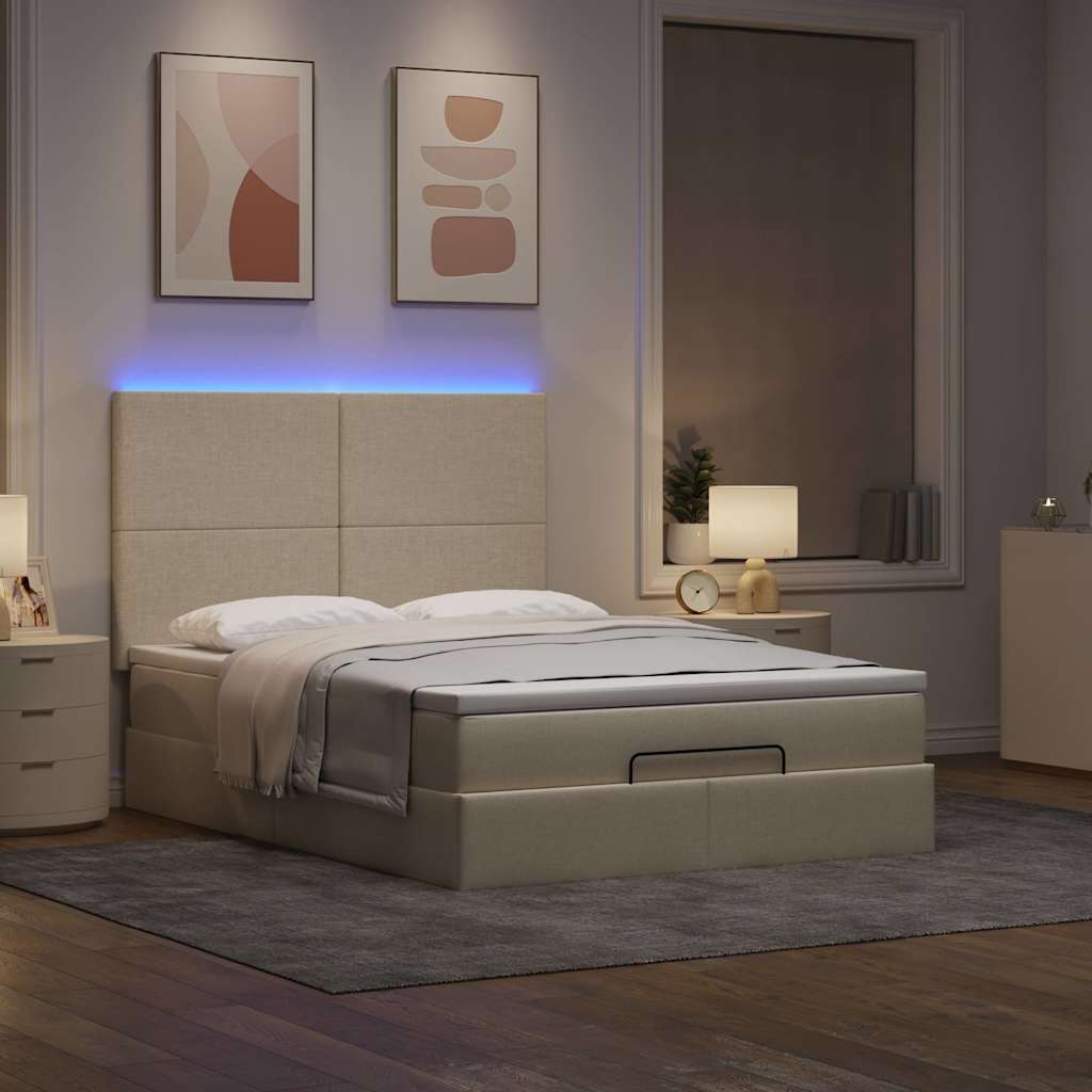 Οθωμανικό κρεβάτι με στρώμα & LEDs Cream 140x200 cm Ύφασμα