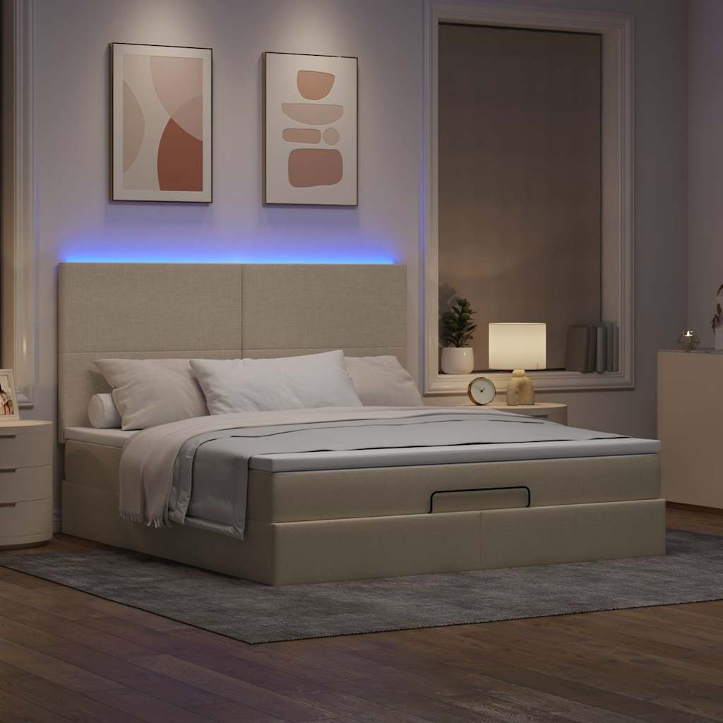 Οθωμανικό κρεβάτι με στρώμα & LEDs Cream 160x200cm ύφασμα - Pakobazaar