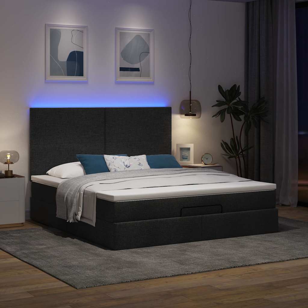 Οθωμανικό κρεβάτι με στρώμα & LEDs Μαύρο ύφασμα 180x200cm