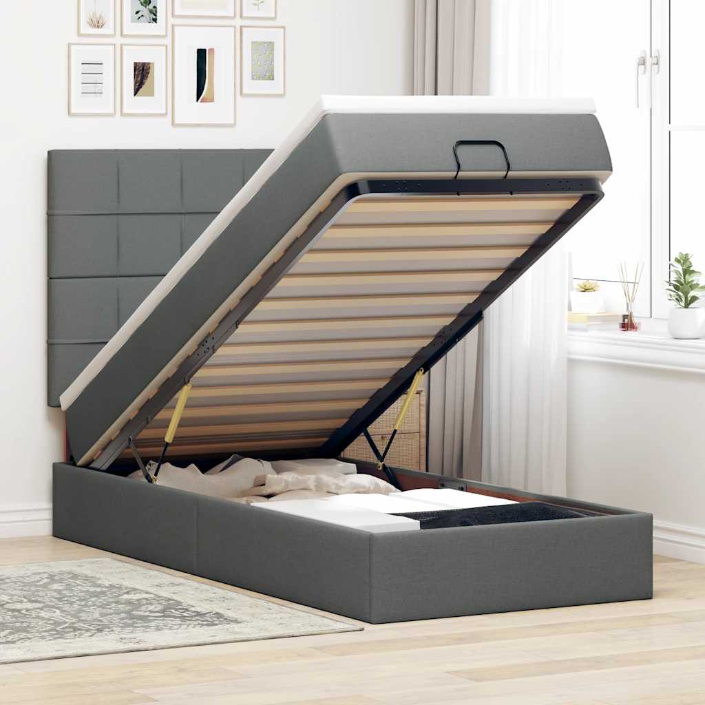 Οθωμανικό κρεβάτι με στρώμα & LEDs Σκούρο γκρι 90x200 cm Ύφασμα - Pakobazaar