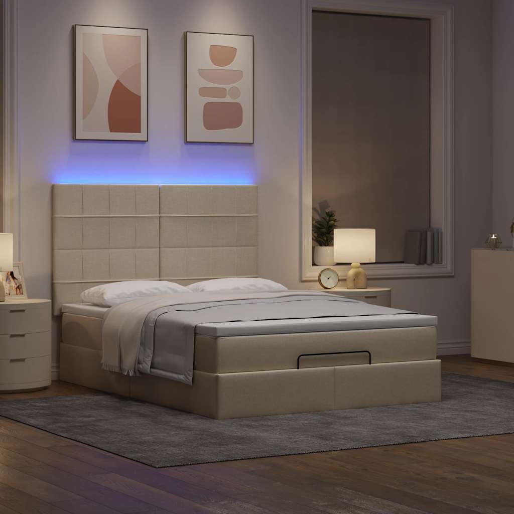 Οθωμανικό κρεβάτι με στρώμα & LEDs Cream 140x190cm Ύφασμα - Pakobazaar