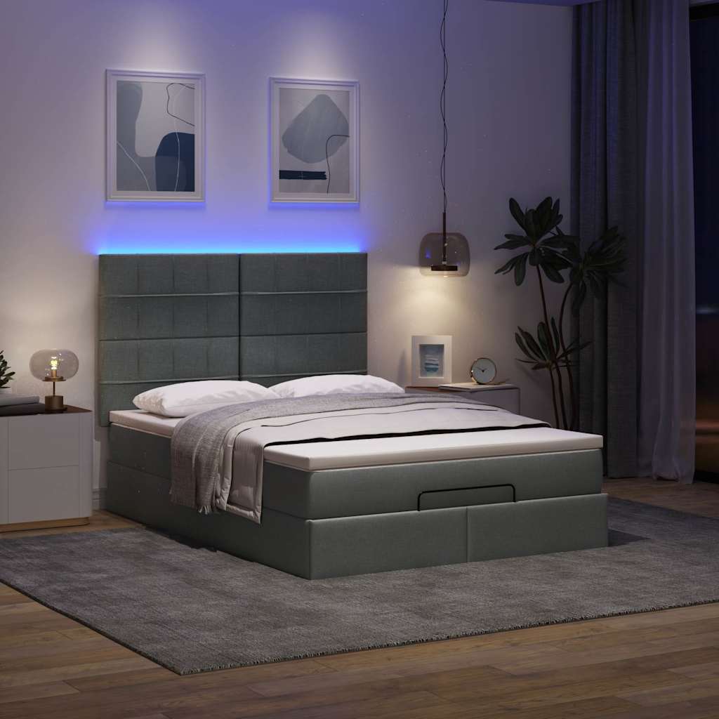Οθωμανικό κρεβάτι με στρώμα & LEDs Σκούρο γκρι 140x200cm Ύφασμα