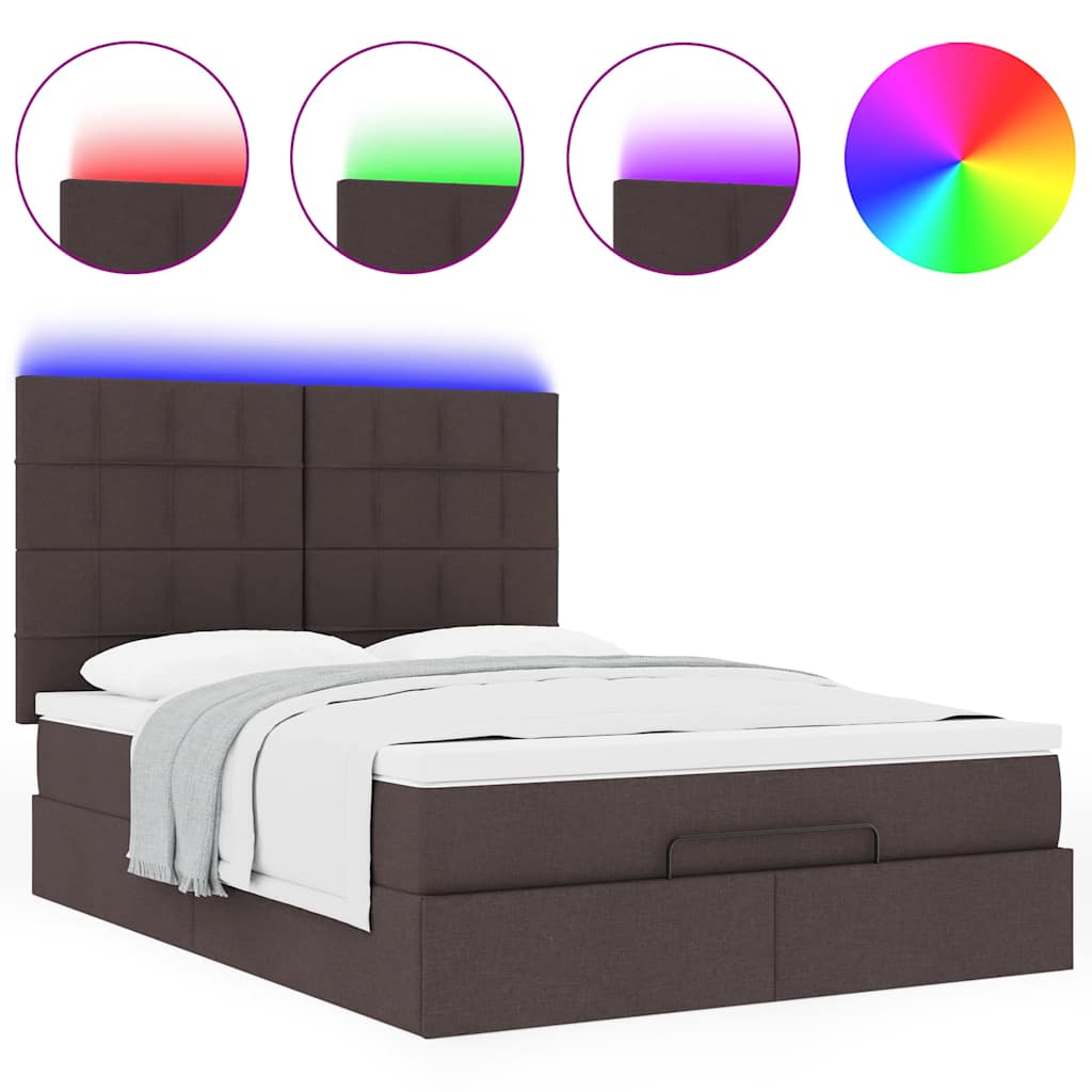 Οθωμανικό κρεβάτι με στρώμα & LEDs Σκούρο καφέ 140x200cm ύφασμα
