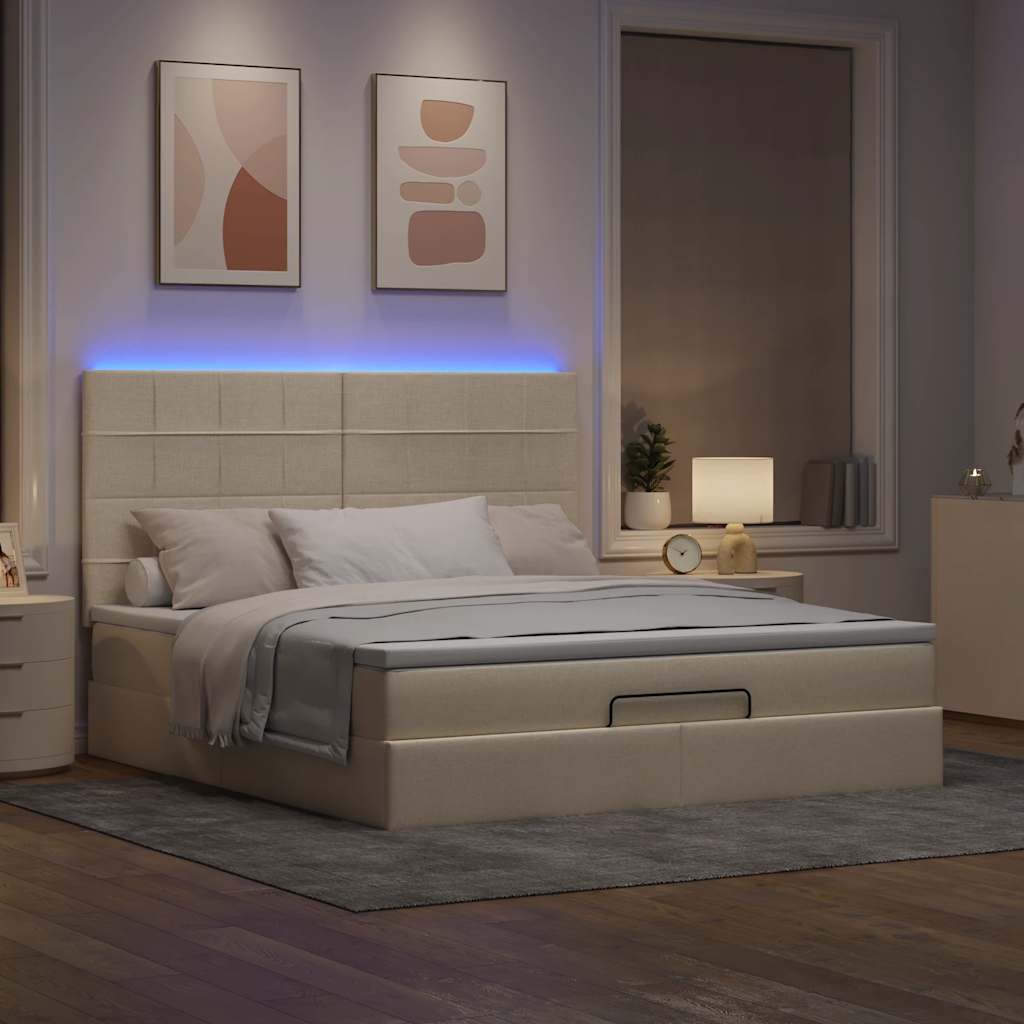 Οθωμανικό κρεβάτι με στρώμα & LEDs Cream 160x200cm ύφασμα - Pakobazaar