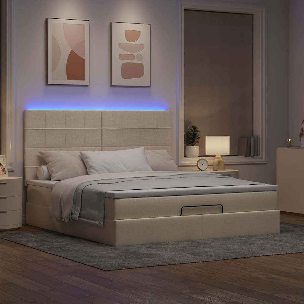 Οθωμανικό κρεβάτι με στρώμα & LEDs Cream 180x200cm ύφασμα - Pakobazaar
