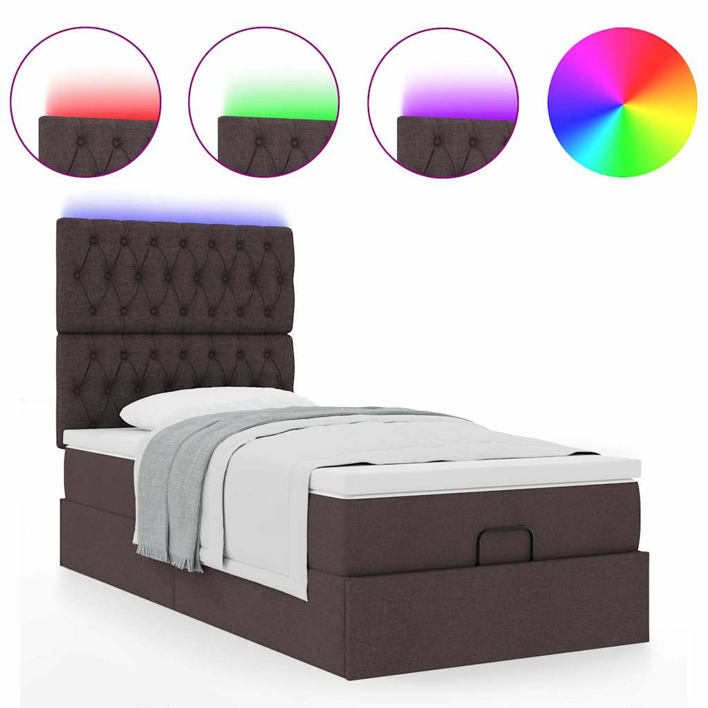 Οθωμανικό κρεβάτι με στρώμα & LEDs Σκούρο καφέ 90x200 cm Ύφασμα