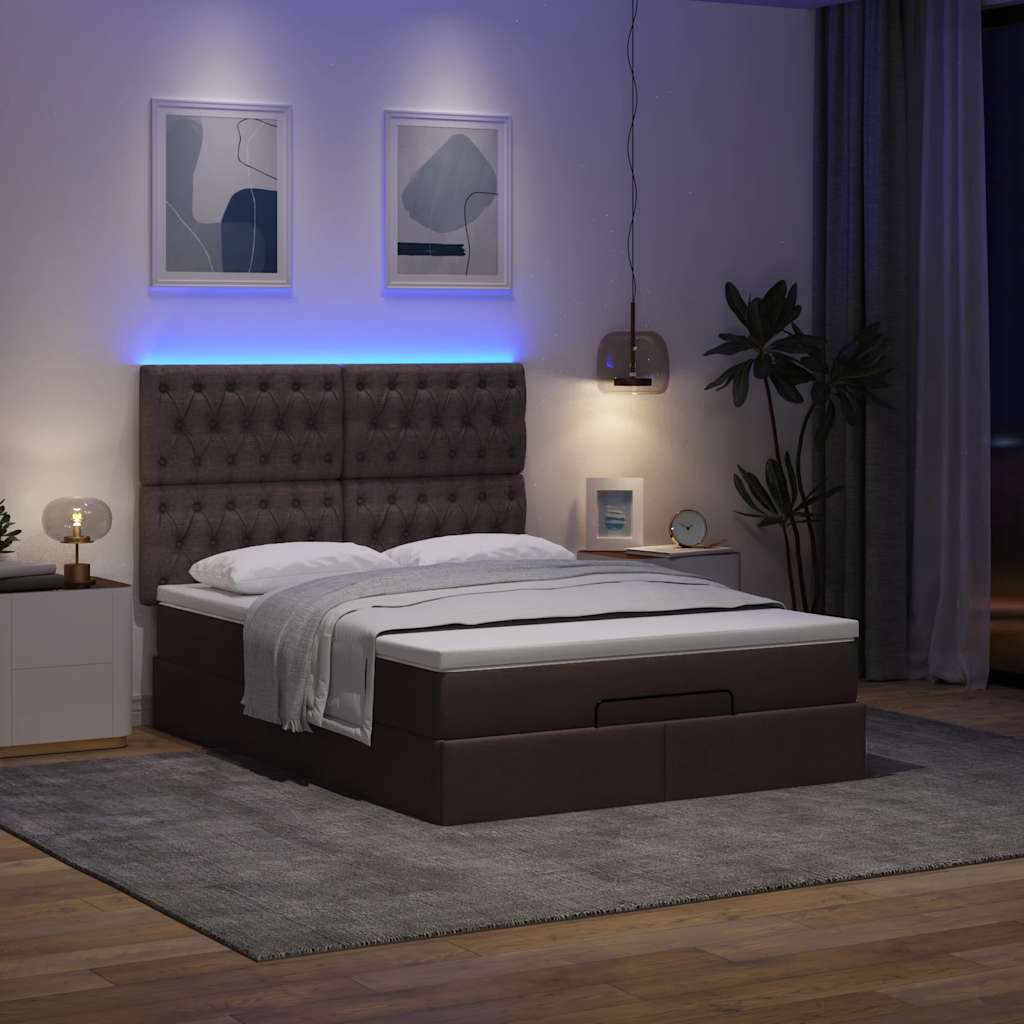 Οθωμανικό κρεβάτι με στρώμα & LEDs Σκούρο καφέ 140x190cm Ύφασμα - Pakobazaar