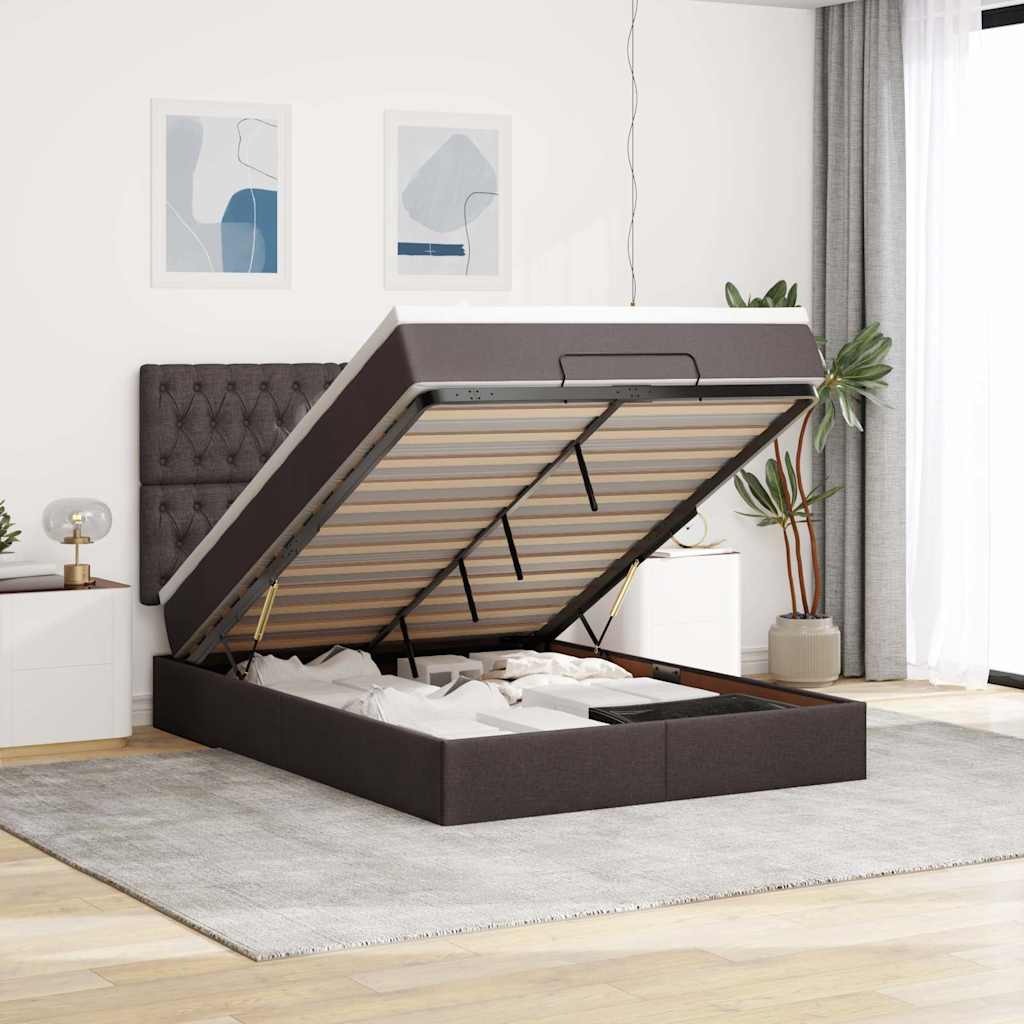 Οθωμανικό κρεβάτι με στρώμα & LEDs Σκούρο καφέ 140x190cm Ύφασμα - Pakobazaar