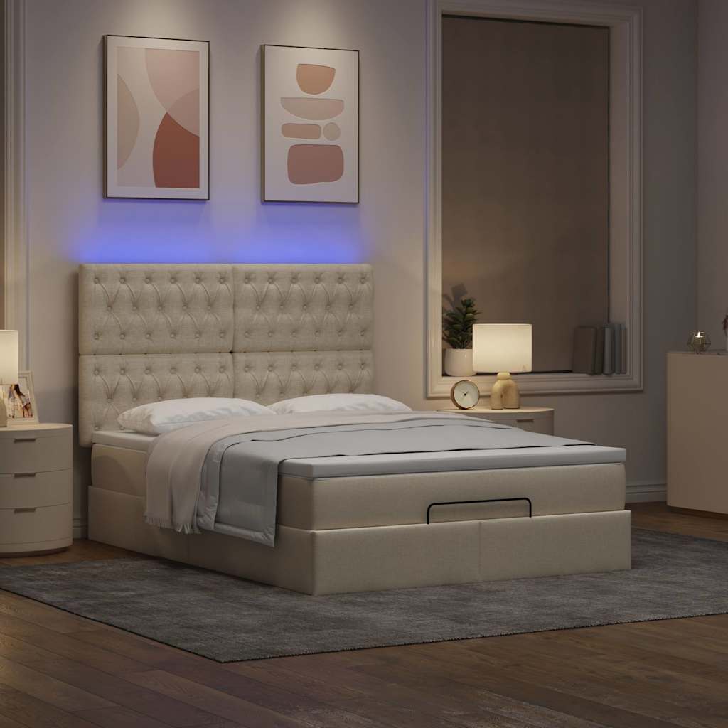 Οθωμανικό κρεβάτι με στρώμα & LEDs Cream 140x190cm Ύφασμα - Pakobazaar
