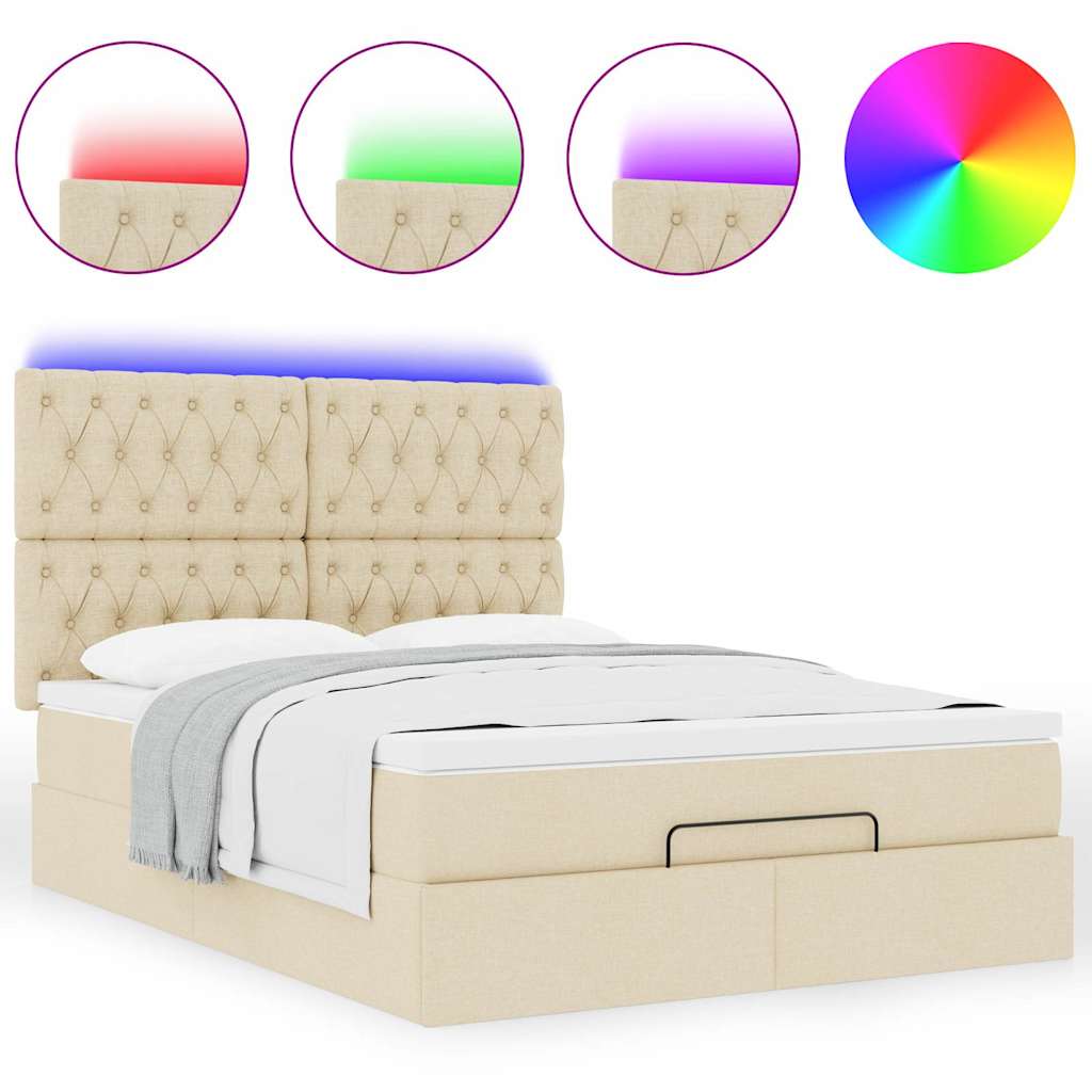 Οθωμανικό κρεβάτι με στρώμα & LEDs Cream 140x190cm Ύφασμα - Pakobazaar
