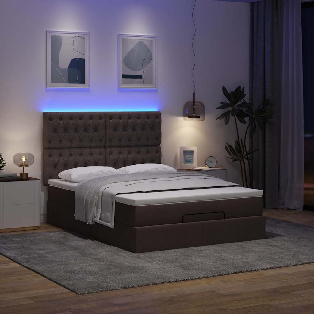 Οθωμανικό κρεβάτι με στρώμα & LEDs Σκούρο καφέ 140x200cm ύφασμα