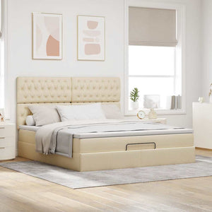 Οθωμανικό κρεβάτι με στρώμα & LEDs Cream 160x200cm ύφασμα - Pakobazaar