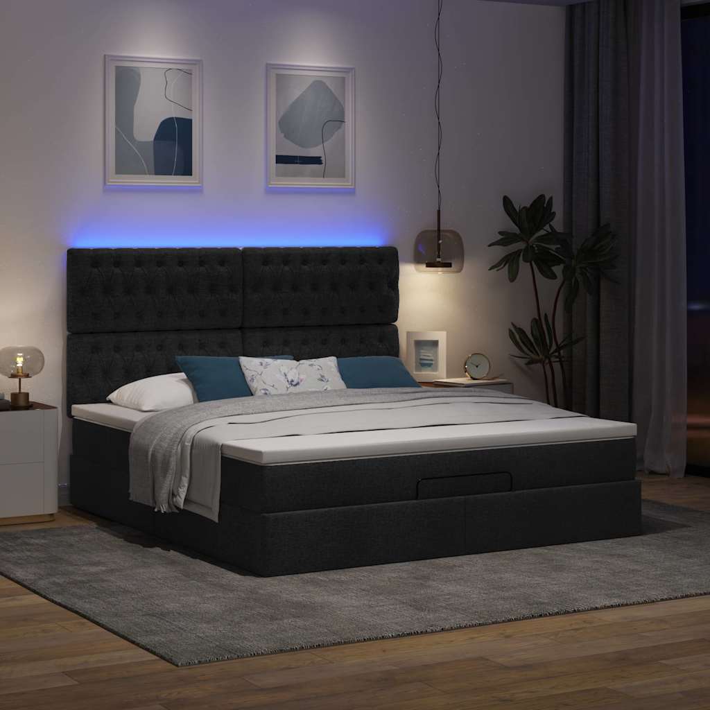 Οθωμανικό κρεβάτι με στρώμα & LEDs Μαύρο ύφασμα 180x200cm